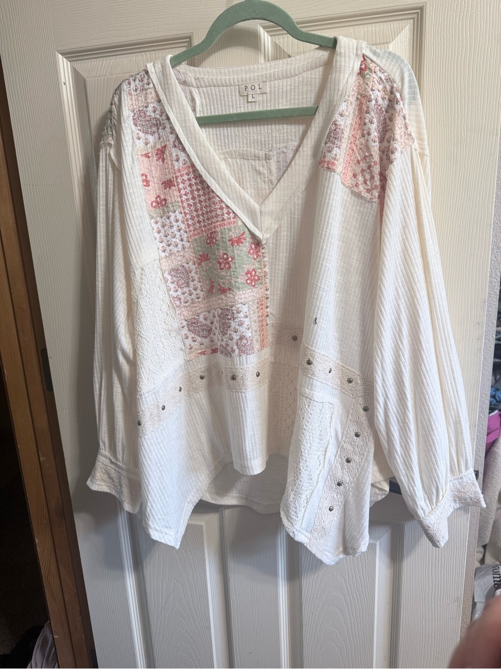 POL V-Neck Patchwork Peasant Top - White with Pastel Print